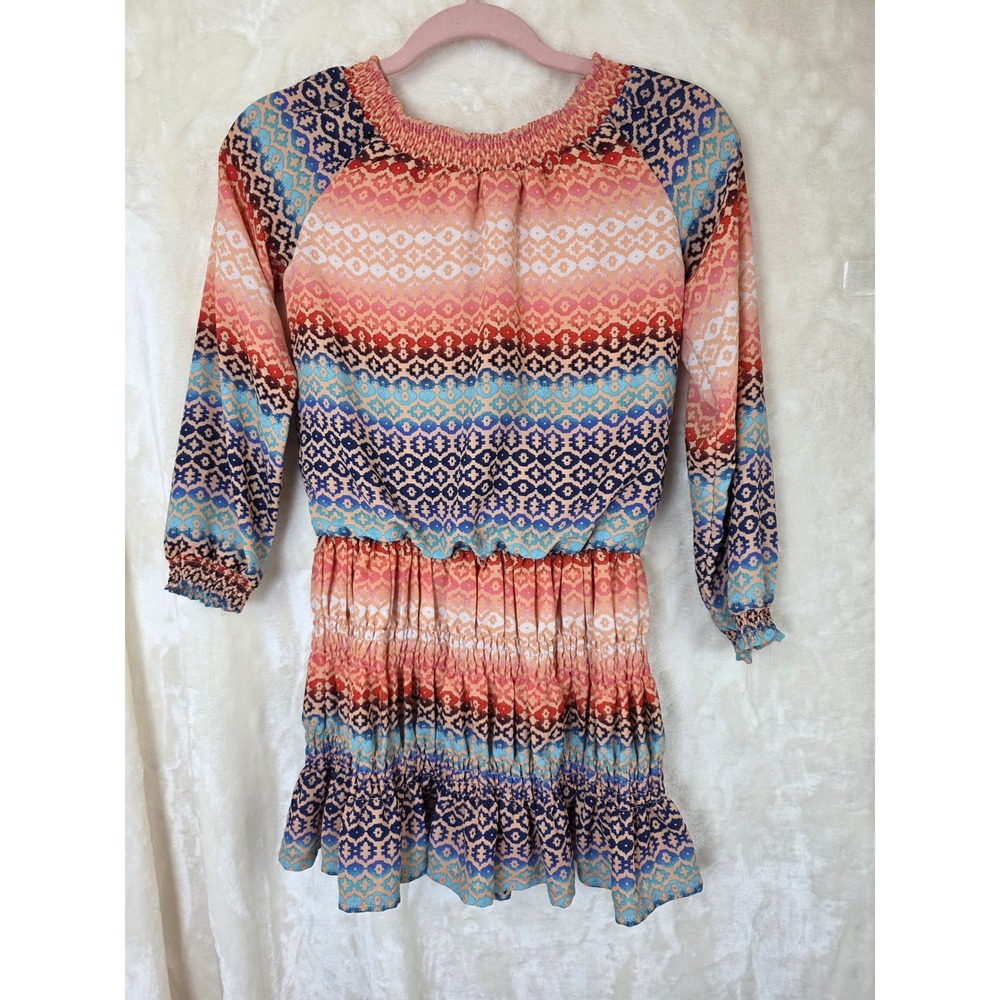 GB Girls Boho Geometric Print Smocked Long Sleeve Ruffle Dress Orange Blue